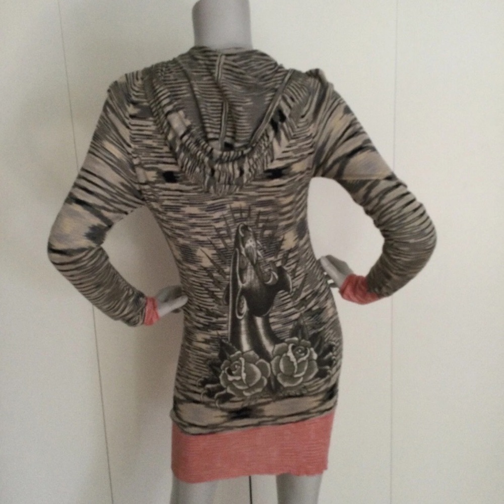 Ed Hardy Gray/Black/Coral Full Zip Black Panther Dress Hooded Cardigan Size S